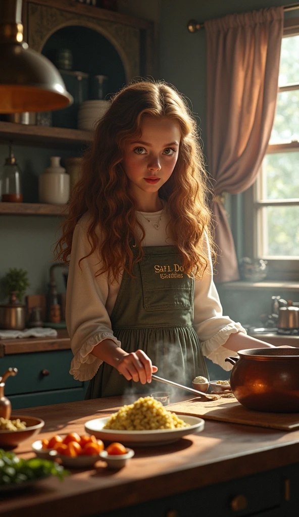 Tiffany is an 11 year old dairymaid with brown hair and brown eyes. She wears a pale green 19th century farm dress and fiercely brandishes a large iron frying pan.