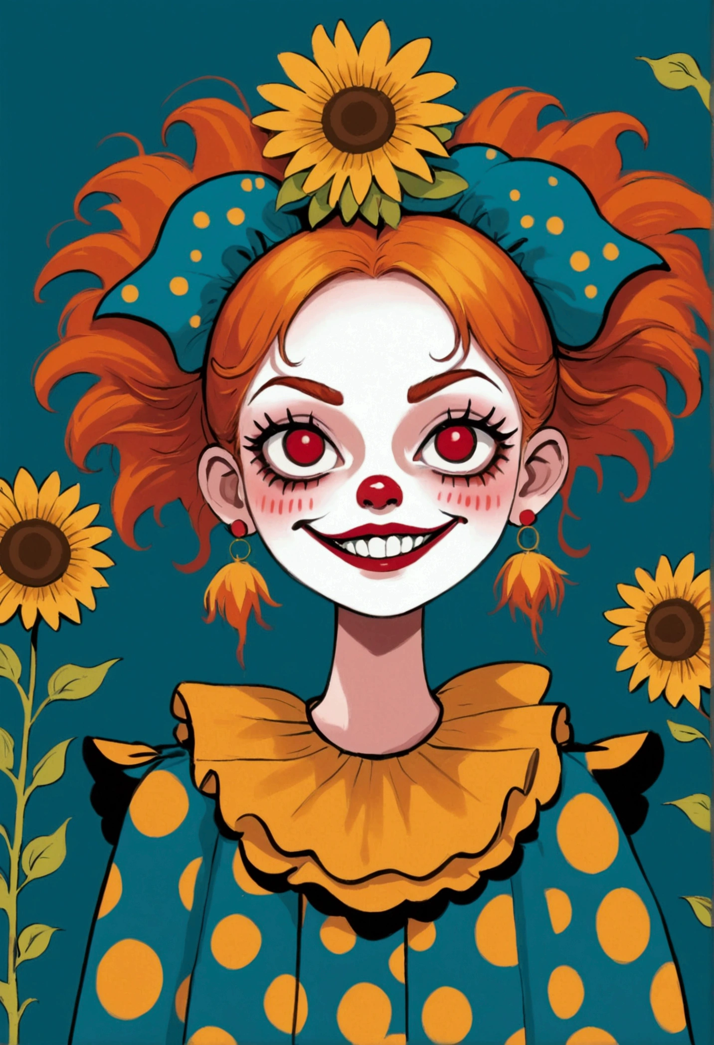 clown with sunflowers on his head and a clown face, clown girl, cutecore clowncore, bozo the clown. circus motif, bozo the clown. clown motif, clown world, pauline hanson as a clown, circus clowns, clown face, creepy clown girl, portrait of circus artist, y 2 k cutecore clowncore, clown, scary clown