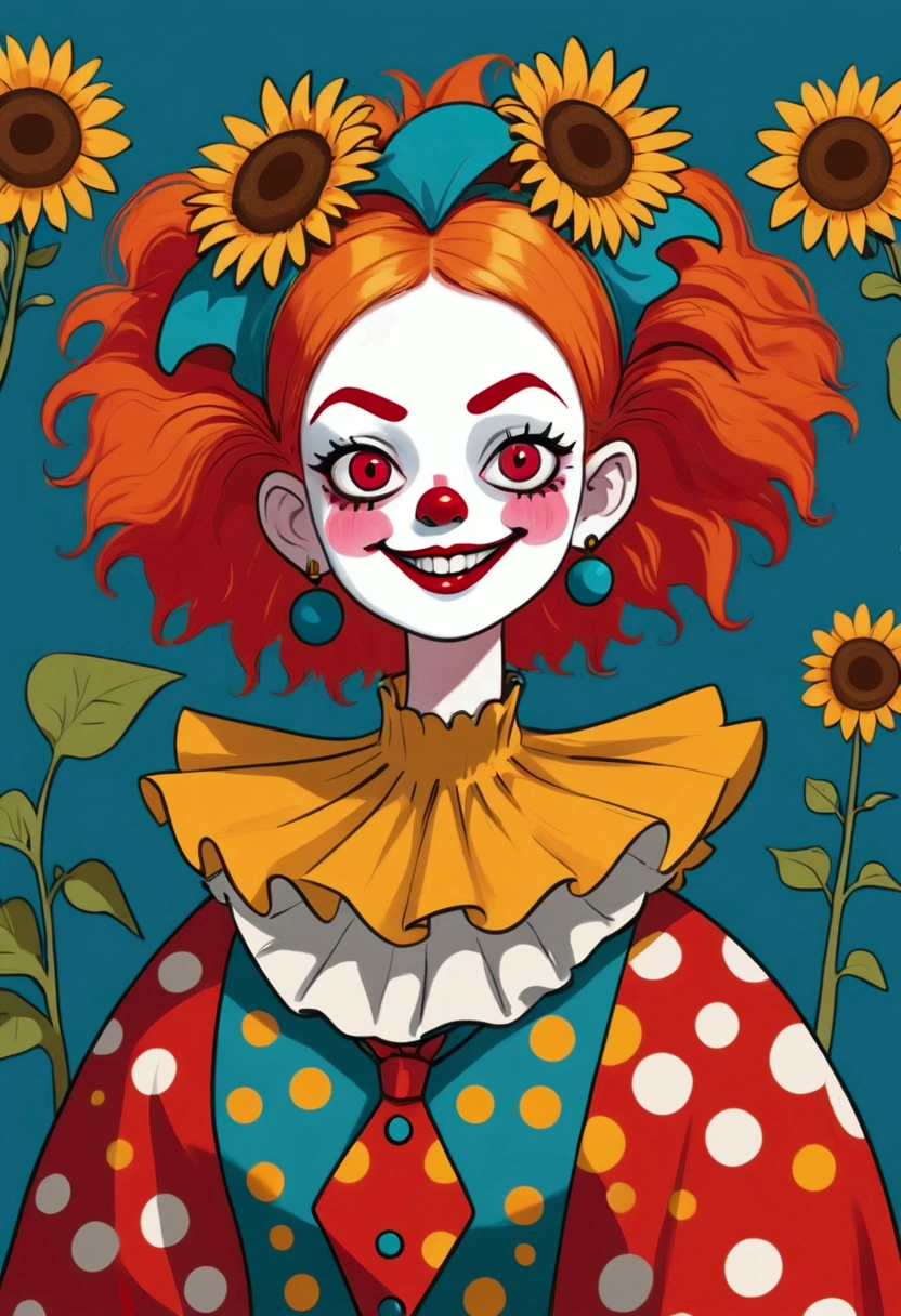 clown with sunflowers on his head and a clown face, clown girl, cutecore clowncore, bozo the clown. circus motif, bozo the clown. clown motif, clown world, pauline hanson as a clown, circus clowns, clown face, creepy clown girl, portrait of circus artist, y 2 k cutecore clowncore, clown, scary clown