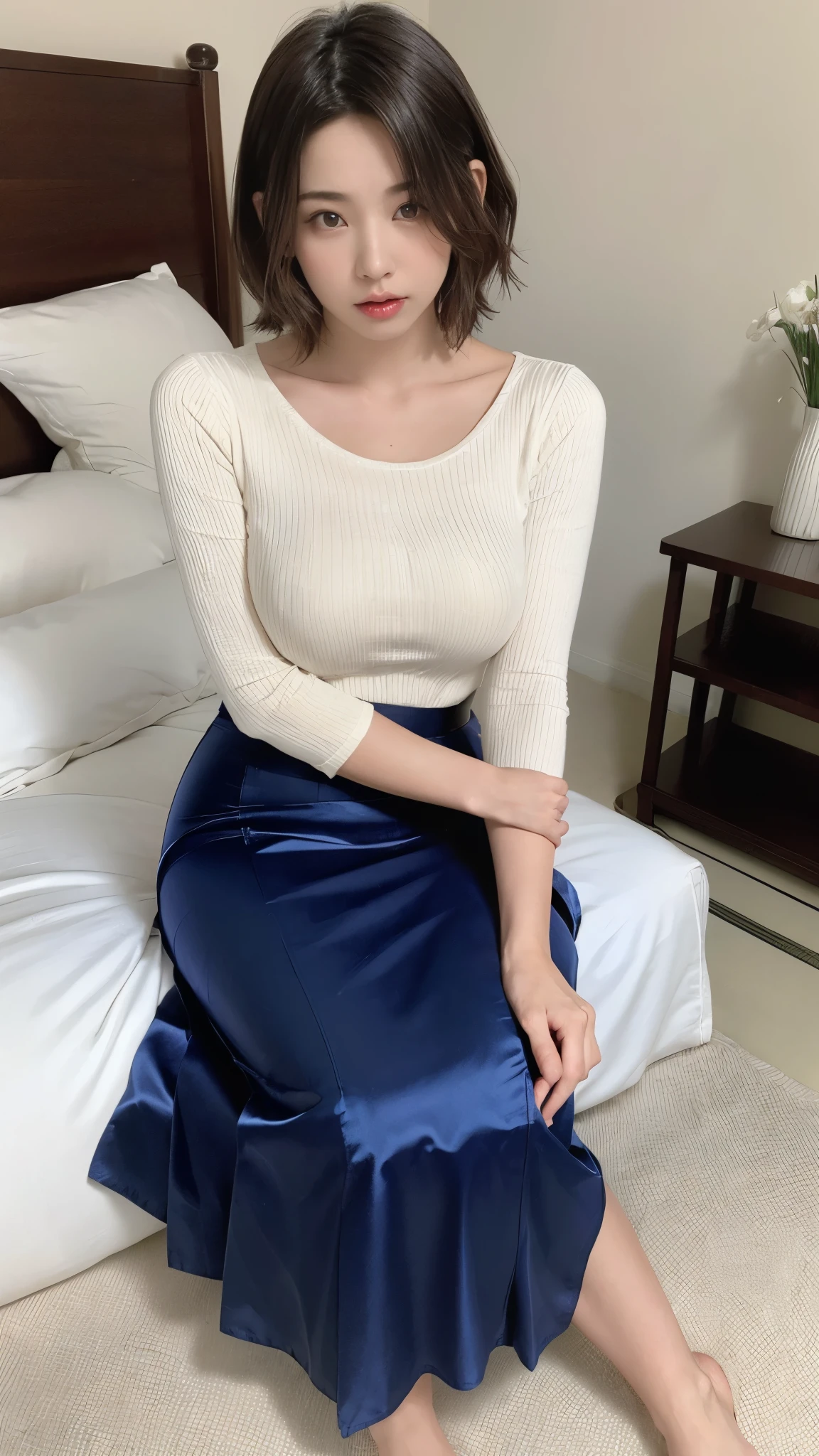 (masterpiece,Best Quality,Ultra-high resolution),Highly detailed CG, Perfect lighting、Perfect upper and lower body balance、Beautiful and perfect face、Short Hair、20-year-old woman、(((Very beautiful Japanese woman)))、((A simple high-waisted pencil mermaid skirt made of satin fabric.)),(((Maxi length long skirt)))、The skirt fits snugly、Long sleeve tops、Plump thighs、sitting on the edge of the bed