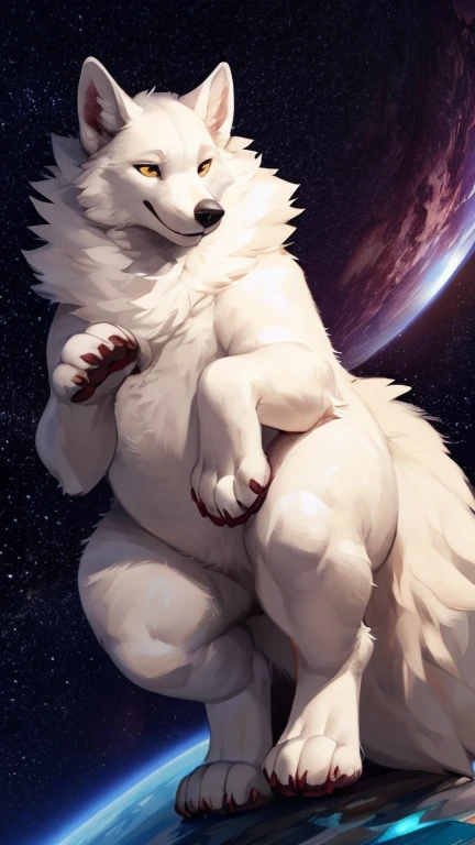 Angel arctic wolf, female, long white hair,huge breasts, huge hips, huge thighs, plump, voluptuous, gorgeous, beautiful, eyelashes,wide silhouette, feminine, corpulent, fluffy,white aureole ,white feathery wings,blue eyes , overweight, fluffy tail, fluffy forearms, fluffy hair, white halo above head,