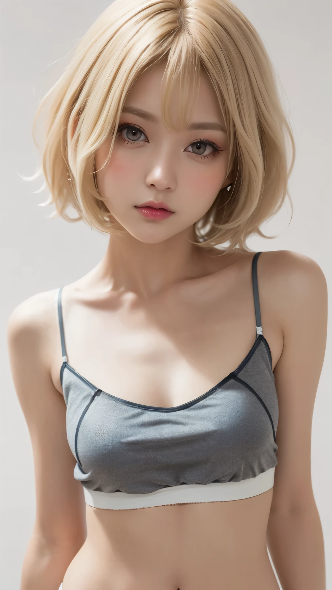 (((Shoot from above、amount、Chubby、Round face、((camisole:1.4))、((No underwear:1.4))、((Beautiful Makeup:1.2))、White blonde Hair、Northern Europe、White、beautiful girl、blonde、White background、cute、young、True Face、Shiny Hair、whole body)))、Tabletop, Best Quality, shape, Very detailed, finely, High resolution, 8K wallpaper, Perfect dynamic composition, finelyて美しい目, Deco Out,Blonde, Medium Hair, Small breasts:1.3, Natural color lip,White background, random cute poses,