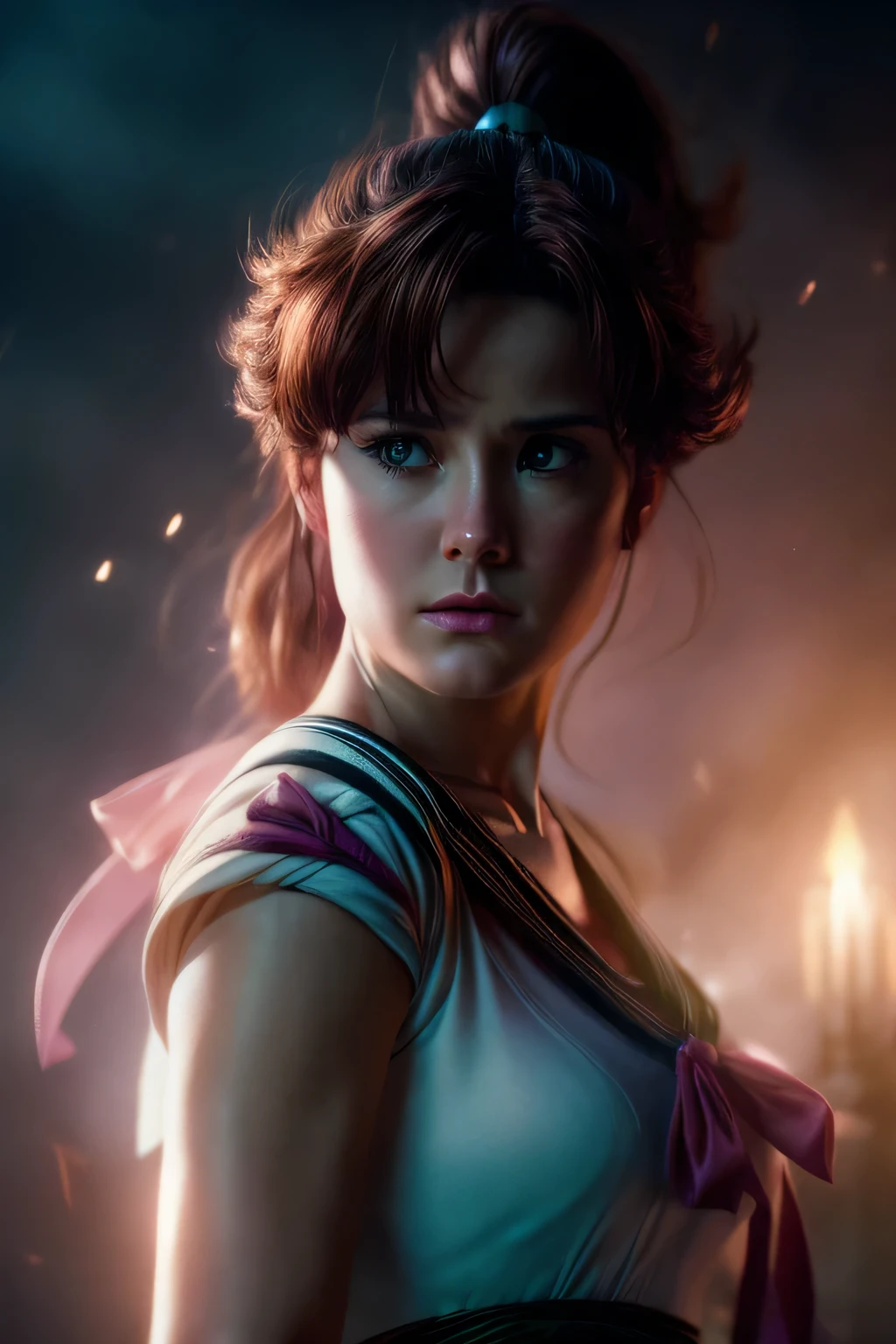 realistic photo of sailor jupiter in a dark fantasy movie, full bangs with ponytail brown hair, makoto kino, japanese, cinematic lighting, highly detailed, 8k, photorealistic, masterpiece, digital art, elegant, mature, mystical, moody, dramatic, fantasy, intricate details, cinematic composition, dramatic lighting, emotional expression, pink ribbon