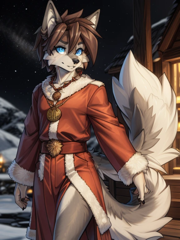 ((masterpiece, best quality)) by zackary911,zackary911, fluff-kevlar, by fluff-kevlar, anthro grey wolf, tala, orange fur, male, solo, detailed eyes, one character, furry character, furry male. blue eyes, big ears, red robe. gold medallion, orange fur. fluffy fur, big tail, serious face, only one tail, dark background, no hair