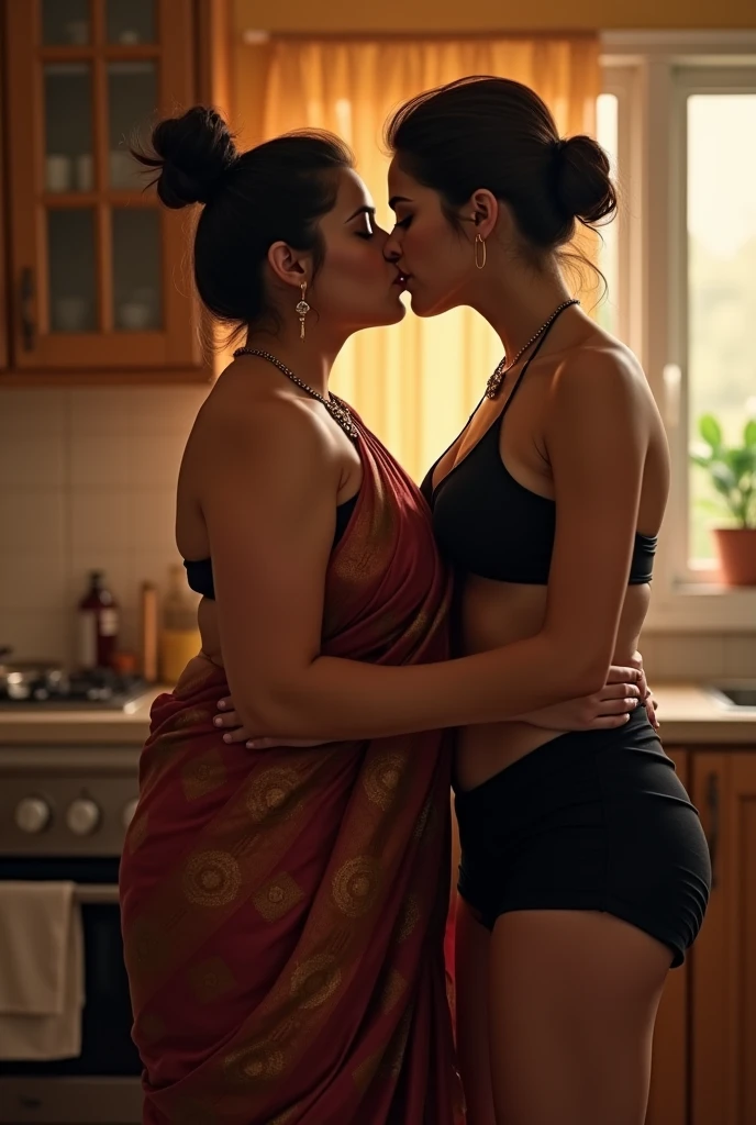 2girls, same height, Beautiful asian woman, curvy body shape, wide waist, fitting breasts, curvy accentuated booty, long messy hair, bun, longing gaze, taniaayusiregar, (naked), in a vintage kitchen, hugging each other, evening, bokeh, realistic, nsfw