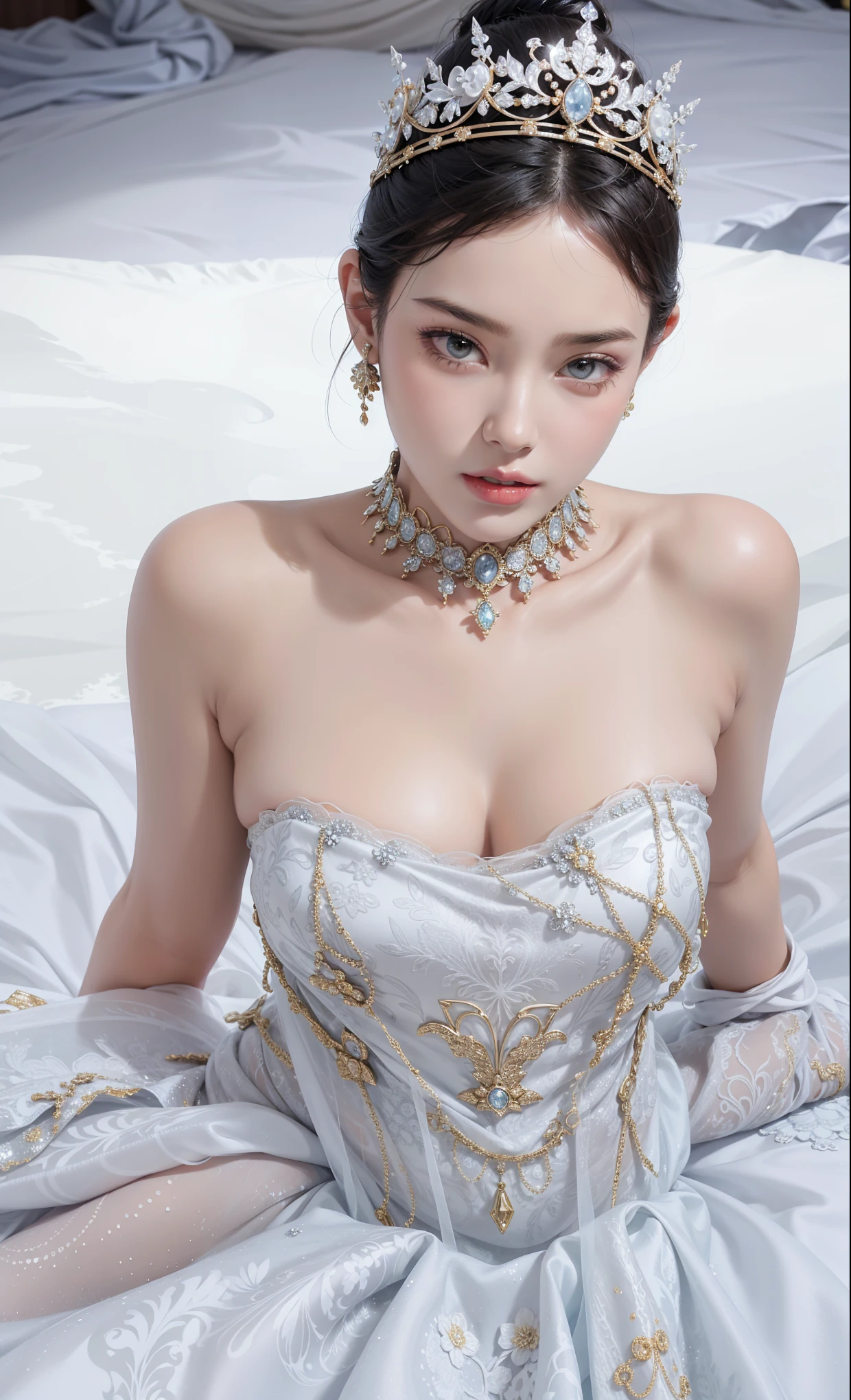 Royal sisters,Exquisite eyes,Frozen Queen,Put the crown on your head,Detailed facial expressions body,Tall and big,Charming Characters,Leg length,4K,HD,Emotional,White translucent lace,白皙full image,Little cherry mouth,Beautiful and lovely,full image,Glossy Gel Coat,Vampire Queen in luxurious robes,Have a tattoo(Intricate tattoo designs),Ice Princess,Rich facial details,Gold diamonds,Luxurious and exquisite jewelry,Lace Printed Silk Dress,The ultimate in luxury clothing,Sit in a chair,Cleopatra wearing luxurious and exquisite gold jewelry,The ultimate in luxury,Wear printed lace over-the-knee socks,Gold pattern on pantyhose,There are gorgeous gold decorations on the body,Breast symmetry,Wearing a gorgeous crystal wedding dress
