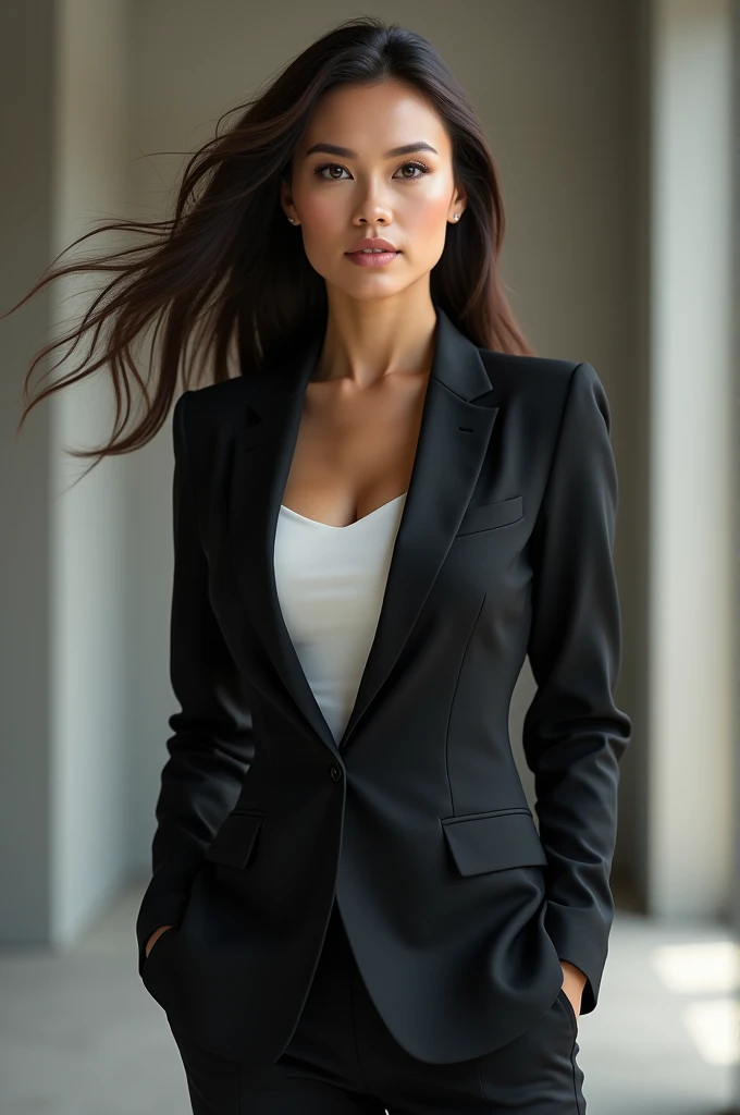 
Woman in suit with dark brown hair 