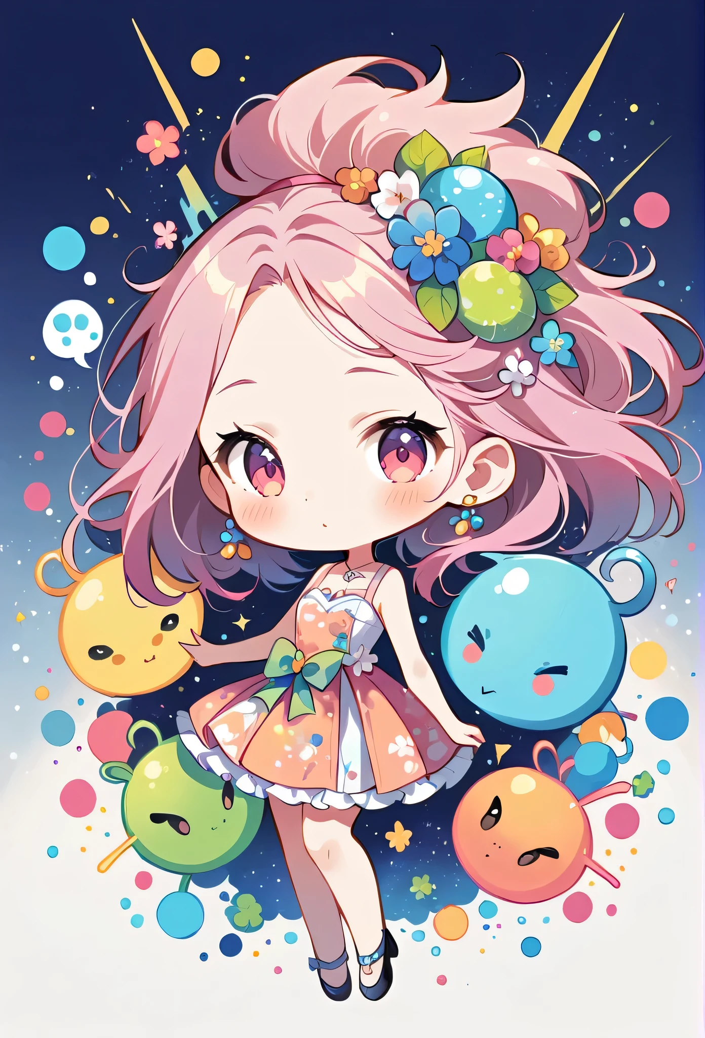Keith Haring colorfull style, Simple Line Initialism,Abstract art,(((The most beautiful girl of all time))), (((chibi))), Sweet face. colorful hearts, funny design, (((bosom buddy ))), Cute summer clothes, (((Cute Aliens))), The background is space