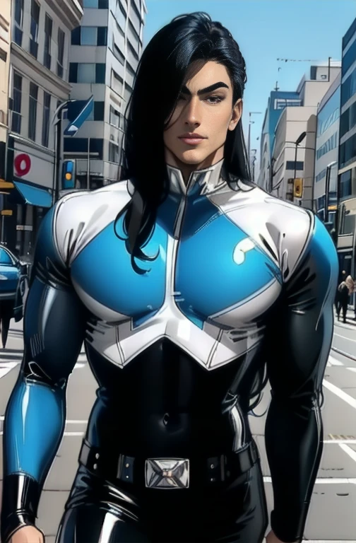 Handsome and cool boy wearing latex superhero, teenager, tall, long hair, beautiful skin