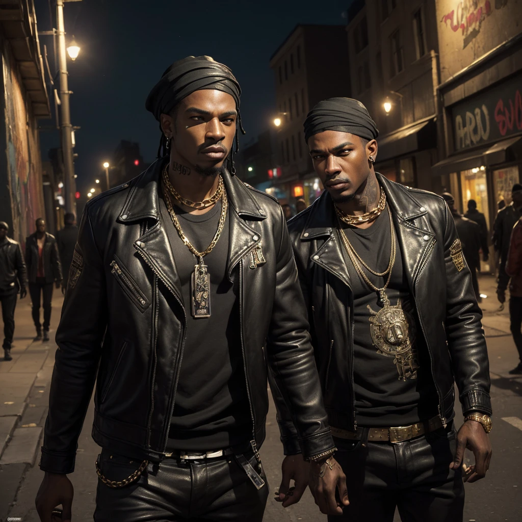 (masterpiece, high resolution, photorealistic:1.3), large group of 100 black gangsters, all looking at the audience, (confused expressions:1.2), urban setting, (detailed street background:1.1), diverse fashion styles, leather jackets, gold chains, bandanas, graffiti-covered walls, nighttime, dim streetlights, subtle shadows, dynamic composition, vibrant details, intense atmosphere.
