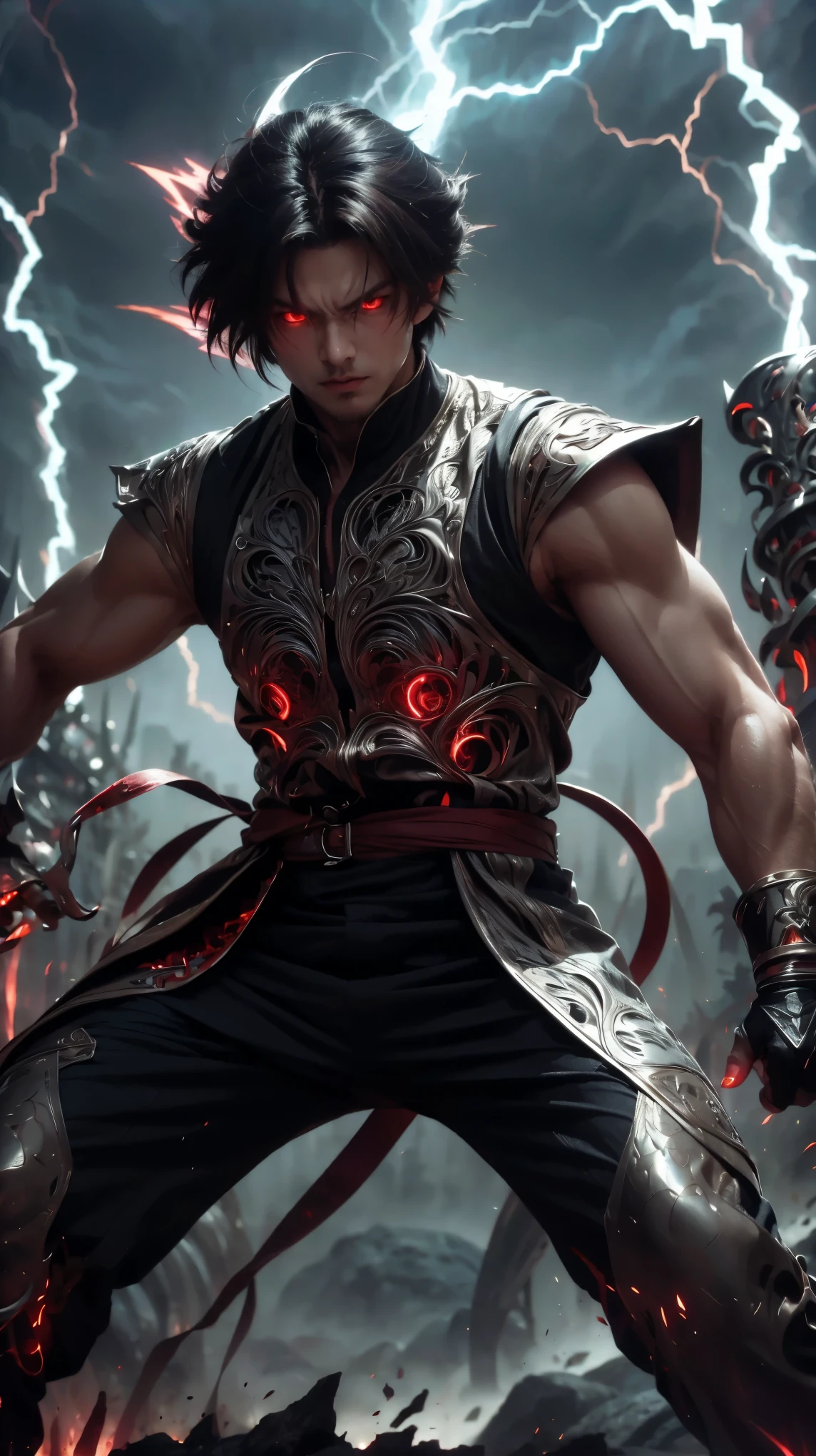 epic anime style, purple lightning, evil temperament, 20-year-old male shadow assassin, glowing black aura, shadow supervisor, handsome face, brilliant and majestic. Beautiful standard body and complete body structure. full body shot of a man with lightning in his hand, an epic anime about a purple energy man, in a battle stance with dark hair and glowing eyes looking at the viewer. Cool Gapmoe Yandere, menacing look, gintama's Hijikata Toushirou, inspired by Masanobu Okumura, the originator of the anime art style, Nobutaka Ike, the night war rages behind him. Highest image quality 8K, details everything 8K.