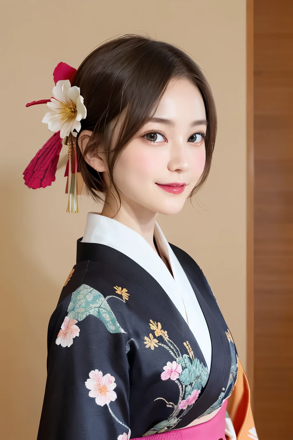 288 (20-year-old woman,Short Hair) , (A kind smile) , (kimono), (colorful), (Japanese painting by Uemura Shōen), flower