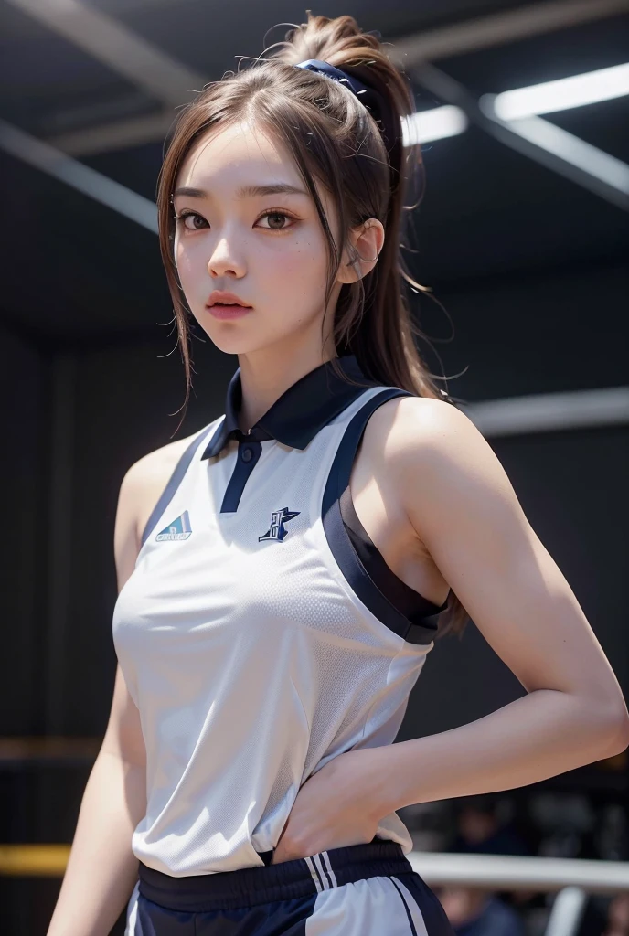 Female badminton player（1.5），Correct human anatomy：1.5），tmasterpiece，top-quality，super wide shot（1.5)（realistically：1.4），（RAW photos：1.4），Very delicate CG Unity 8K wallpaper，very delicate beautiful，Mann pays attention to detail，offcial art，（Beautiful eyes and face：1.5），Beautiful exquisite eyes，There is light on the face，one-girl，Short hair details，（Full body like：1.5），Badminton sportswear（1.5）， Badminton competition venue，