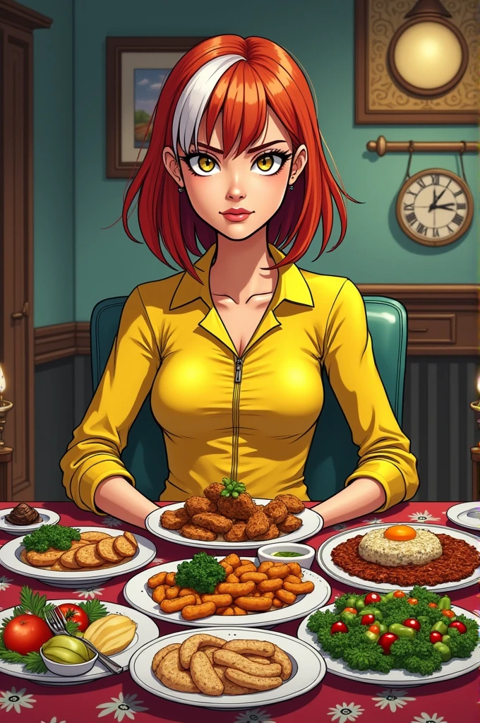 Christina Hendricks, masterpiece quality, sitting at dinner table, lots of food on table, in dining room, topless, naked breasts, (naked breasts:1.5), wearing blue jeans, wearing choker collar, gigantic breasts,