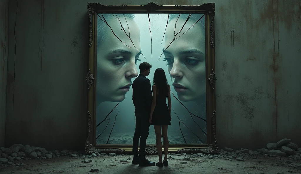 A cinematic, hyper-realistic book cover for an eBook in Portuguese titled 'Anti-Narcissist.' The cover depicts a dramatic scene of a couple in conflict, with the man embodying narcissistic traits, standing in front of a large, ornate mirror that reflects a distorted image of him. The woman stands firm but vulnerable, resisting his influence. The background is a dark, opulent room with broken mirrors on the floor. The title 'Anti-Narcissist' is prominently displayed at the top in a bold, elegant font. The subtitle 'The breaking of the mirror' is displayed below in a smaller, complementary font. Remove all other text from the original image. add the text in Portuguese: "Anti-Narcissist" and subtitle "The breaking of the mirror" styled: realisitic/Cinematic Resolution: Bullish (1024x1024 or higher) detalhamento: Maximum Illumination: Dramatic, focusing on clear contrasts and shadows Texture: fine-details, with attention to the composition of the elements (broken mirrors, opulence of the environment) Farbe: Dark and realistic color palette