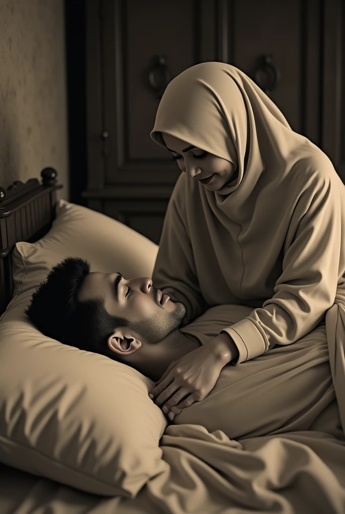 a beautiful Indonesian woman wearing a hijab, slim, 32 years old wearing a robe with buttons open, bra visible, is massaging a 14 year old teenage boy on a bed, in a room with wooden plank walls, at night