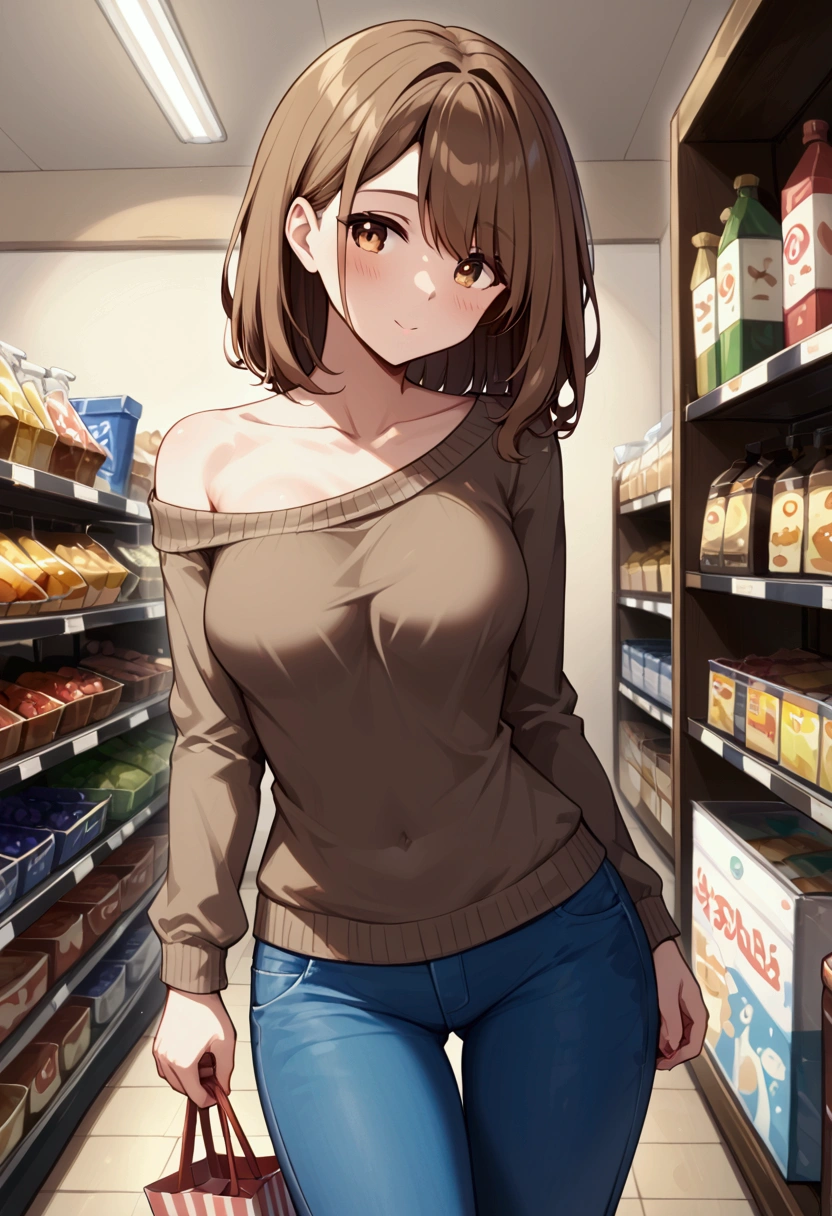 ((appearance:Brown Hair＿Shoulder-length hair＿Hair with movement＿Sparkling light brown eyes＿Thin outline＿Married Woman＿Normal chest＿A kind-looking woman)、(clothing;Dark brown sweater＿Blue jeans pants＿))。Shopping with my daughter、(place:Stonework＿Around town＿market)、(A soft anime-style touch＿high quality＿detailed＿Score_9， Score_8_superior， Score_7_superior)