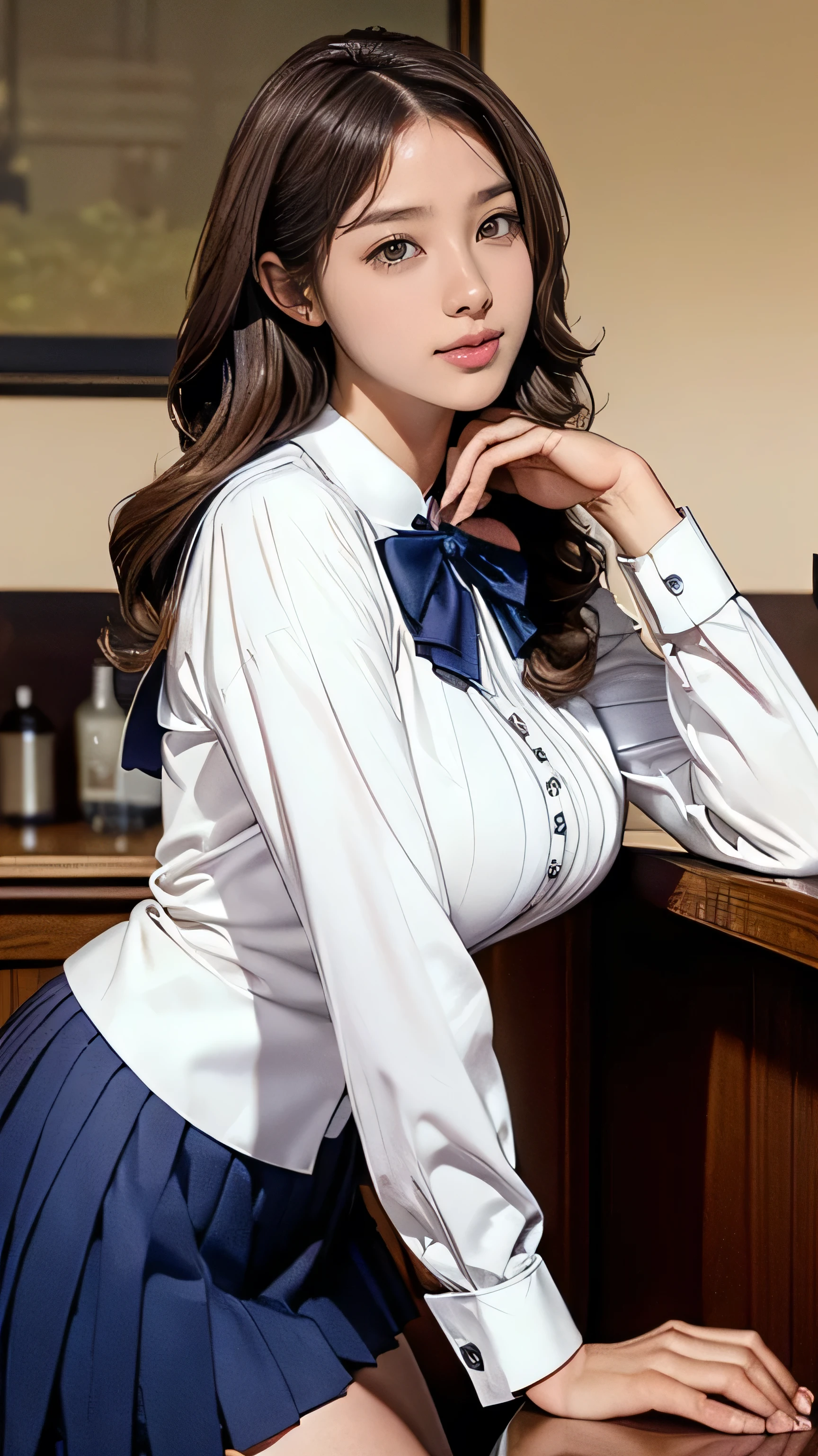 (Button Up high-school uniform:1.3), (Tall gyaru's girl:1.2), (Layered Hairstyle, Dark-brown hair), medium long hair, (very provocative smile:1.2), Very Detailed Face and Skin Texture, Detailed Eyes, Double Eyelids, Pale Cheeks, glossy skin, shiny little neckless and earrings, Glossy Lips: 1.4, ((Upper Body Shot: 1.2)), ((from a very intimate distance: 1.2)), (large breasts:1.3), (upper breasts), (cleavage), (navel baring), ((in the luxury bedroom at night: 1.4)), look at the viewer with provocative smiles, no panties, masterpiece, best quality, photo, exposed big breasts, nipples visible,