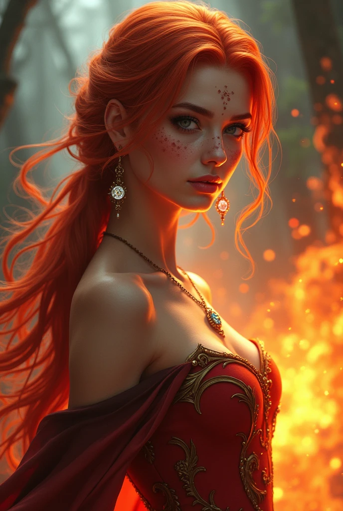 A heroine with red hair, two jewels on her ears. She's a mage who control fire. She has freckle and is beautiful