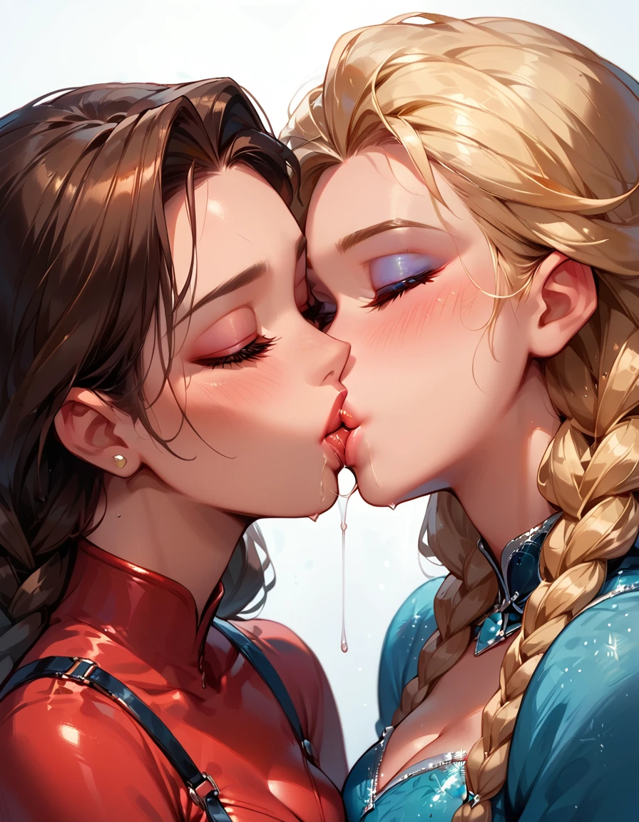 score_9, score_8_up, score_7_up, rating_questionable, epiCPhoto, 2girls, duo, couple, yuri, very sexy (Disney's Elsa, blonde, braid, wearing sexy red pvc catsuit:1.2), looking away embarrassed, blush, and (Disney's Anna, brown hair, braided pigtails, wearing sexy red pvc catsuit:1.3), (focus on kiss, kissing, deep kiss, passionate kiss, saliva trail:1.5), beautiful, graceful, elegant, beautiful scene, soft romantic lighting, in love, filled lips, thick lips, makeup, dark, moody, (dimly lit:1.4), face portrait, close-up shot, highly detailed, sexy scene, absurdres, 4k, masterpiece, best quality.