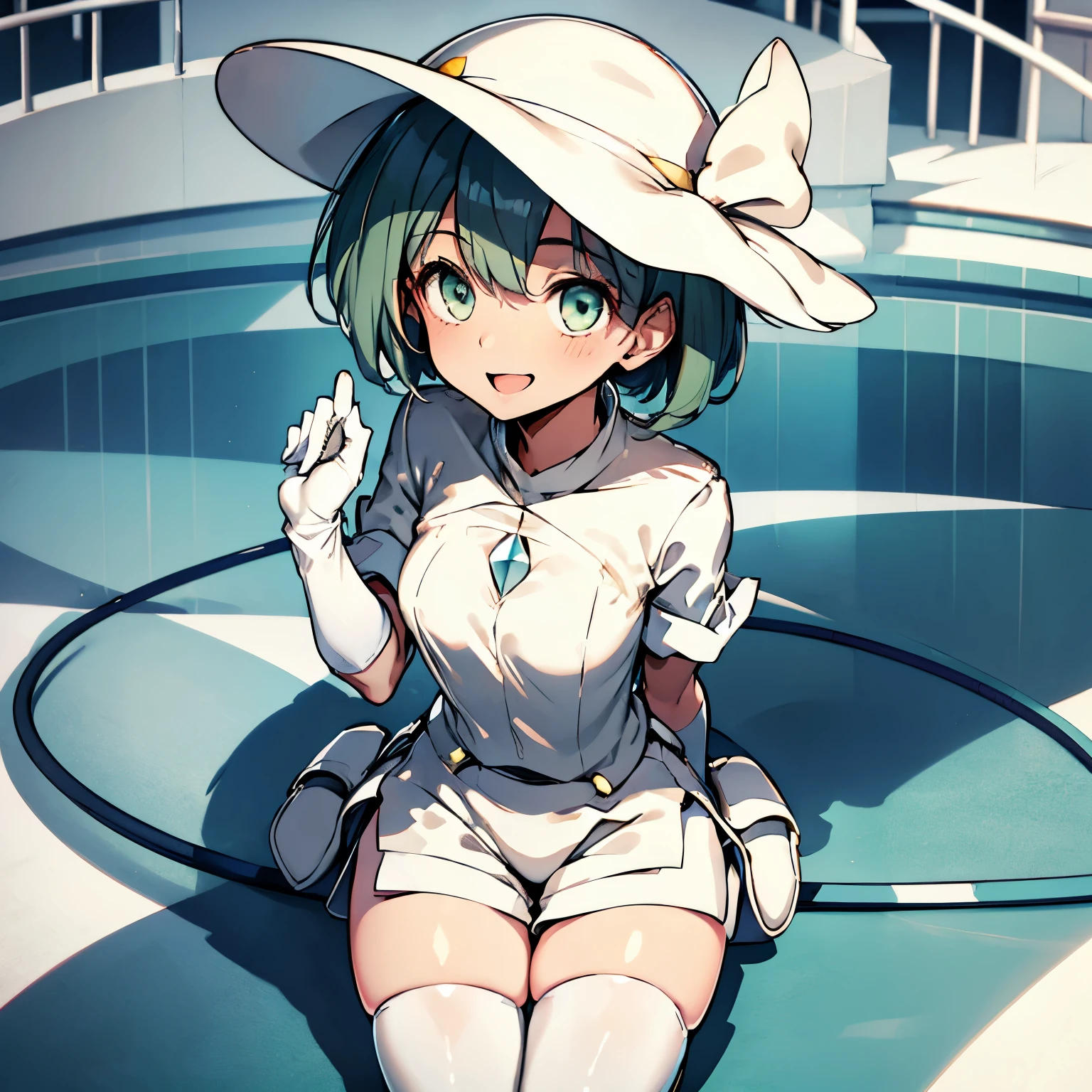 (insanely detailed, beautiful detailed face, masterpiece, best quality), ((masterpiece)),((best quality)),(highres), bokeh, looking at viewer, solo, 1girl, cowboy shot, aether foundation employee, white headwear, white gloves, short sleeves, uniform, white clothes, pouch, thigh boots, gloves, white pantyhose, short shorts, white cabbie hat, white uniform, white gloves, white elbow gloves, short sleeves, white headwear, cabbie hat, jumpsuit, short sleeves, smiling, medium breasts, komeiji_koishi_touhou, third_eye, hat, green_eyes, short_hair, green_hair, ribbon, smile, bow, heart, bangs, hat_ribbon, white hat_bow, hair_between_eyes, white headwear