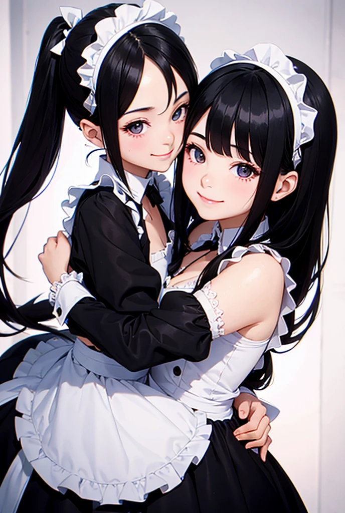 (masutepiece: 1.3), (max resolution: 1.2), (Ultra HDTV: 1.2), cinematric light, 8K resolution, Detailed eyes and skin, detailed facial features, , (Sharp Focus: 1.2）, (Focus on Face:1.2),Perfect Style、two womens, One is 15 years old、One is 25 years old、standing in bedroom、hugging each other and kiss、One is rubbing the chest of the other、Touching the opponent's chest、Exposed cleavage, Soft breasts, red blush,No bra,Hugs and deep kisses、grnades breasts、Grabbing the butt、 full of sweat, Wet underwear、Hollow eyes,Disheveled clothes、White bra、White underwear、（detailed maid outfit:1.8）、Stockings、One has long black-brown hair and blue eyes、One is a short bob with gray hair、Functional expressions、(They、Staring at each other:1.8)、