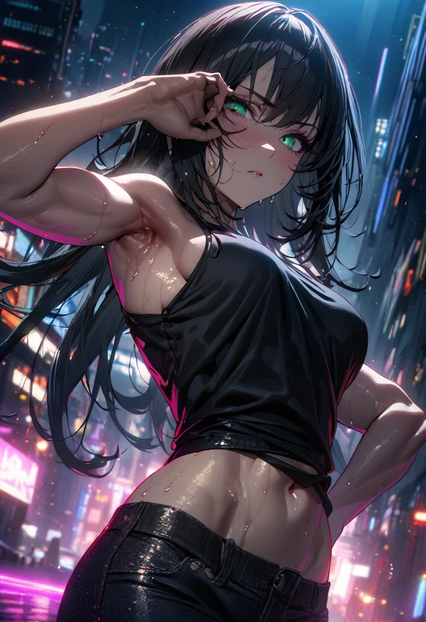 1girl,solo,detailed close up on black skinny jeans,detailed close up on bedazzling emerald eye looking at you,serious eye,intense gaze,magnificent long black hair covering one eye,black neon city,tight black tank top,detailed close up on black skinny jeans,muscular arms,biceps,goth tattoo,cinematic glitter,nighttime,extremely detailed,masterpiece,HDR,4K,best quality,trending on danbooru