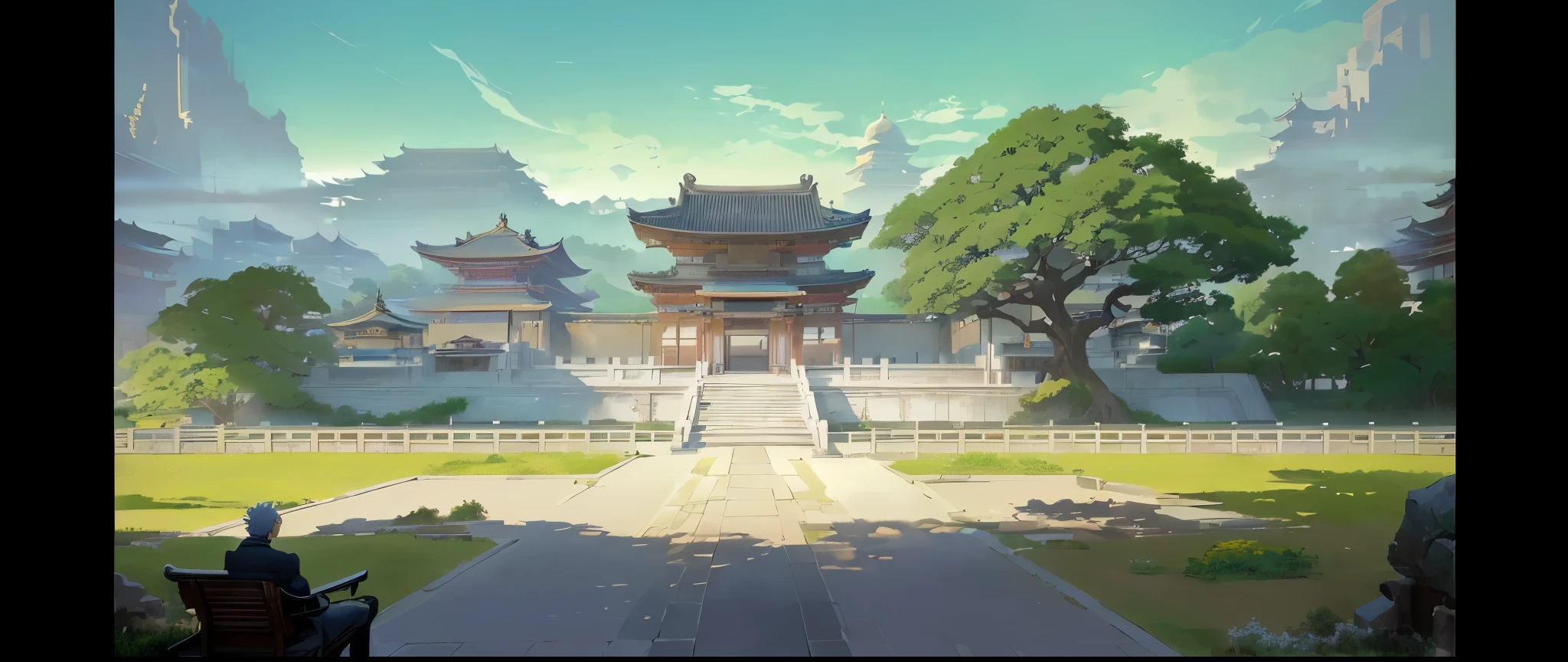 (View of a Japanese garden),(in style of hayao miyazaki),Rockery landscaping,Cartoons,Old Japanese style villa,Road,Corners,small houses,The tree,pole,baiyun,scenecy,exteriors,Green trees,Epic composition,realistic illumination,High-definition details,tmasterpiece,best qualtiy,Ray traching,Mountains and villages in the distance,sunlight reflections,4K,(Very detailed CG unified 8k wallpaper),Aerial view of a residential area with ponds and roads,aerial illustration,bird's eyes view,bird's eyes view,bird's eyes view,aerial shot,Stefan Girowski,illustratio,View of Ariel by Adam Malczynski,outlines,bird's eyes view,rendering,Isometric map,