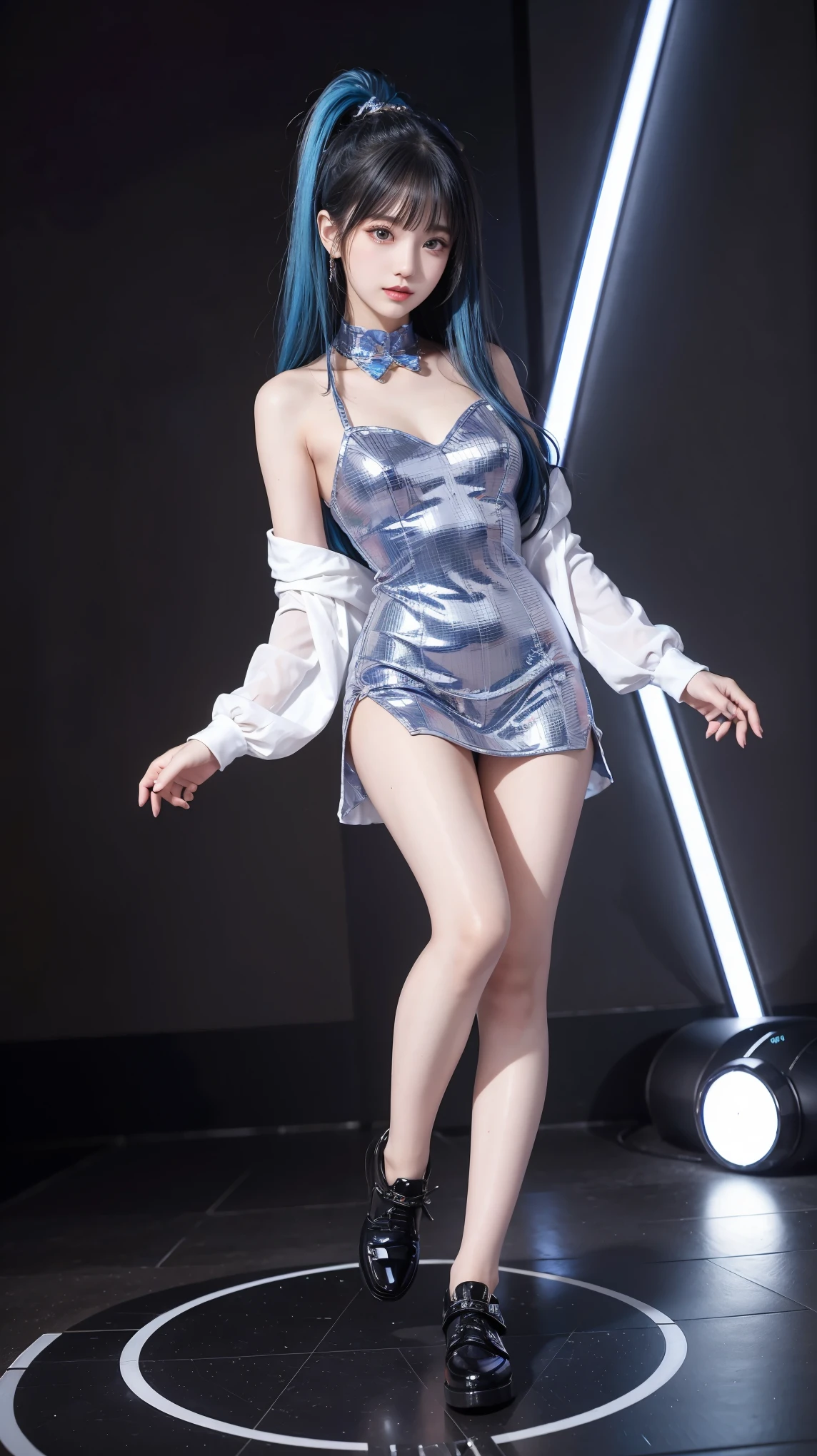 cyber idol、 　、Full body Esbian、、 、Gold Mini Dress、fluorescent blue hair、cyber stage