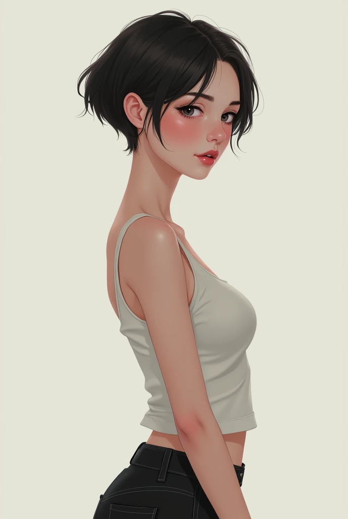 beautiful girl, long black hair, bangs, rounder face, droopy nose tip, small round red lips, round cheeks, intense dark round asian eyes, beauty spot above eyes, average body, chubby legs, soft stomach, short body height, flat body, (small breasts), ((nude)), solid white background, embarassed, shouting, taken from side, open mouth