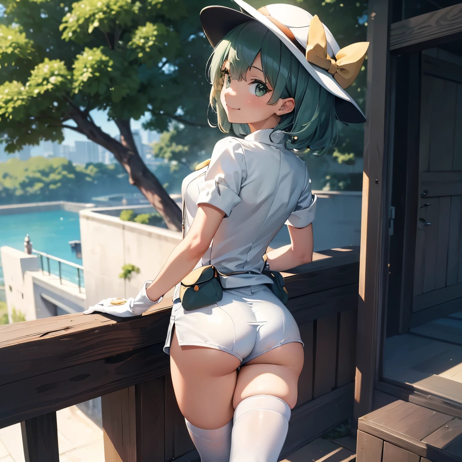 (insanely detailed, beautiful detailed face, masterpiece, best quality), ((masterpiece)),((best quality)),(highres), bokeh, looking at viewer, solo, 1girl, cowboy shot, aether foundation employee, white headwear, white gloves, short sleeves, uniform, white clothes, pouch, thigh boots, gloves, white pantyhose, short shorts, white cabbie hat, white uniform, white gloves, white elbow gloves, short sleeves, white headwear, cabbie hat, jumpsuit, short sleeves, smiling, medium breasts, komeiji_koishi_touhou, third_eye, hat, green_eyes, short_hair, green_hair, ribbon, smile, bow, heart, bangs, hat_ribbon, white hat_bow, hair_between_eyes, white headwear, (((ass, from back, from behind, looking from back, view from back)))