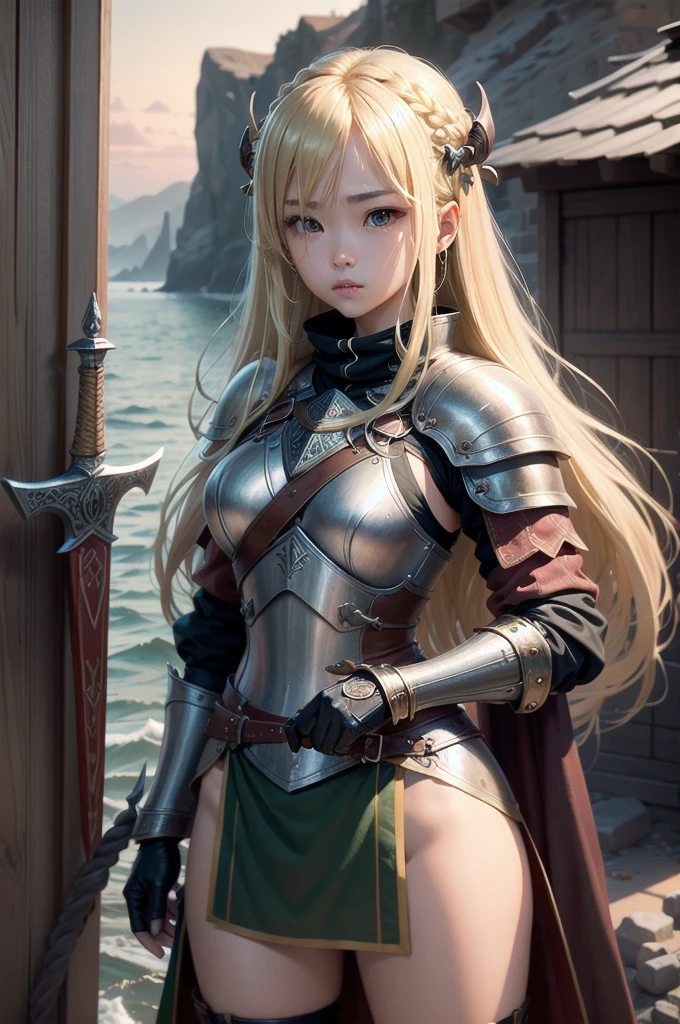 One girl, length_hair, blonde_hair, brown_hair, green_eye, open_mouth, sword, shield, null, High resolution, Vikingパンク, Standing, jewelry, dress, gloves, boots, Braiding, hair_ornament, leather_Tunic, armor, clock, brooch, [Viking_Boat, sea, Rocky_sea岸線, setting_sun, war_I can almost see her crying panties, but I can&#39;t、Nipples visible through clothes、Embarrassed、Thin fabric