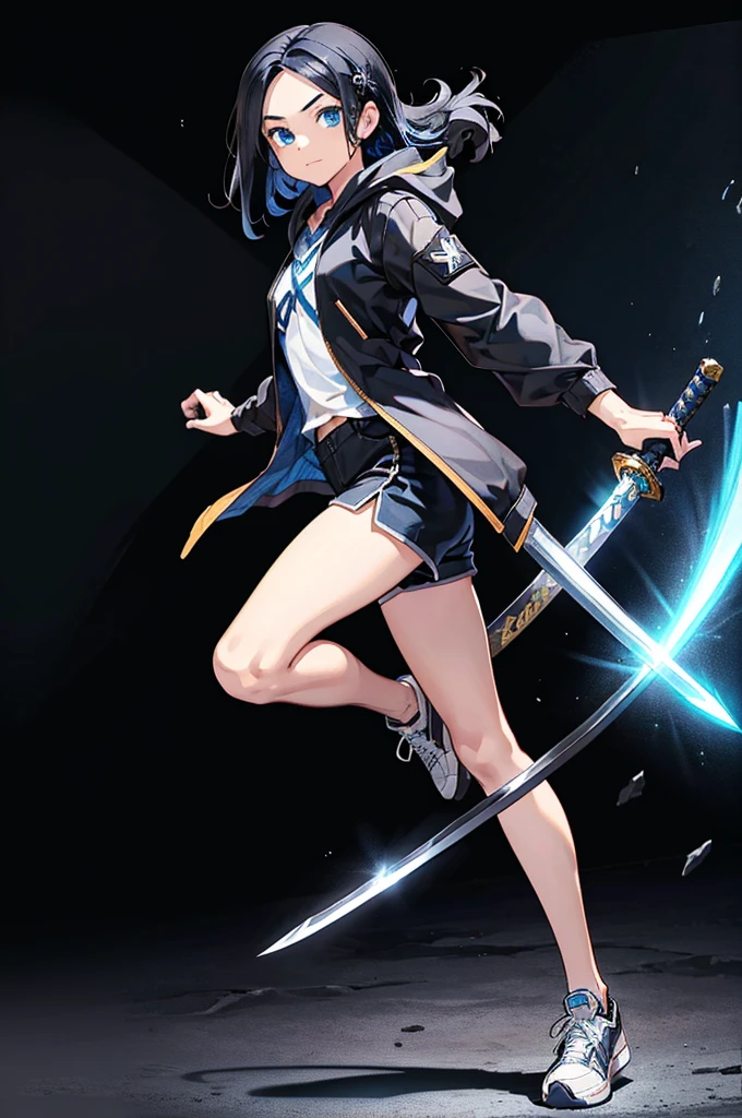 Sword Drawing Technique, Battoujutsu, Black background with spotlight, Young Face, White jacket,Medium Hair, Black and blue hair,blue eyes, I wore shorts、Wear sneakers