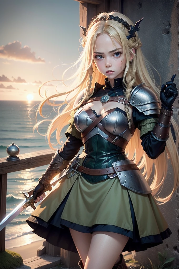 One girl, length_hair, Blonde_hair, brown_hair, green_eye, open_mouth, sword, shield, null, High resolution, Viking Punk, Standing, jewelry, dress, gloves, boots, Braiding, hair_ornament, leather_Tunic, armor, clock, brooch, [Viking_Boat, sea, Rocky_coastline, setting_sun, war_I can almost see her crying panties, but I can&#39;t、Nipples visible through clothes、Embarrassed、Thin fabric