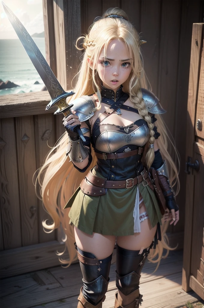 One girl, length_hair, Blonde_hair, brown_hair, green_eye, open_mouth, sword, shield, null, High resolution, Viking Punk, Standing, jewelry, dress, gloves, boots, Braiding, hair_ornament, leather_Tunic, armor, clock, brooch, [Viking_Boat, sea, Rocky_coastline, setting_sun, war_I can almost see her crying panties, but I can&#39;t、Nipples visible through clothes、Embarrassed、Thin fabric