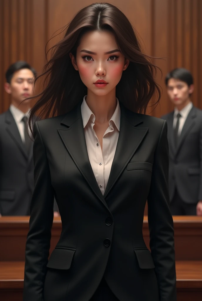 (nsfw), Claire Wong, a sophisticated and no-nonsense 3 lawyer, who has super sexually attractive body, is depicted in a luxurious courtroom, standing confidently before a judge. She is dressed in a perfectly fitted black pencil skirt and blazer, her hair styled in a sleek, straight bob that adds to her sharp, professional appearance. Her piercing gaze and calm demeanor command the attention of everyone in the room as she delivers her arguments with precision. The courtroom is grand, with dark wood paneling and elegant architecture, emphasizing the seriousness and authority of the scene. Hyper-detailed, dramatic lighting, professional atmosphere, 8K.