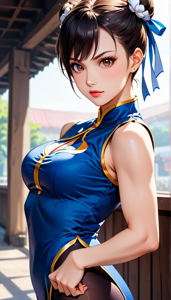 Fine black tights,score_9, score_8_up, score_7_up, BREAK, score_9, 1girl, chun-li,street fighter, black hair, brown eyes, eyelashes, short hair, breasts, looking at viewer, standing pose, lips, blue costume,Chun-Li costume, Blue costume with gold embroidery, blue vest, sleeveless, cowboy shot