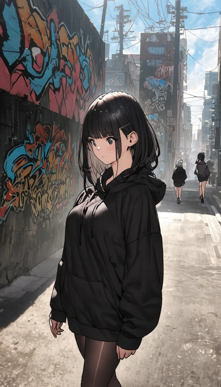 anime girl in black hoodie walking down a city street, graffiti, rayonism, by Takeuchi Seihō, black haired girl wearing hoodie, cyberpunk anime girl in hoodie, girl wearing hoodie, dressed black hoodie, from arknights