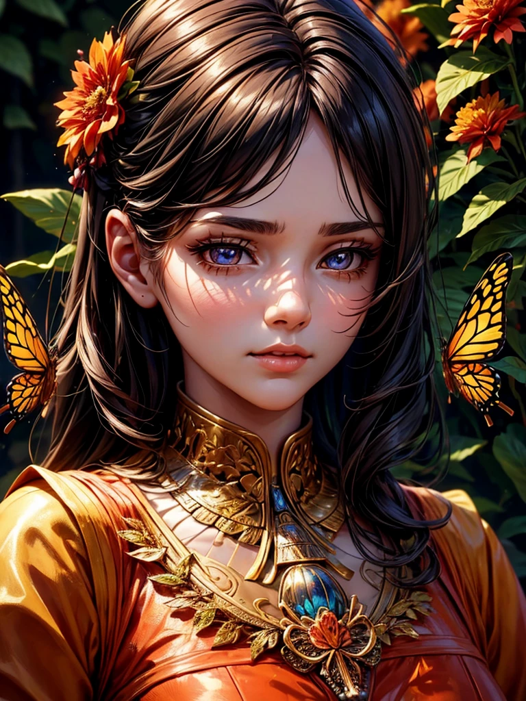 a girl in an autumn dress with flower decorations and butterflies, highly detailed, photorealistic, 8k, HDR, beautiful detailed eyes, beautiful detailed lips, extremely detailed face and portrait, long eyelashes, intricate flower patterns, delicate butterfly details, warm autumn colors, natural lighting, cinematic composition, fine art