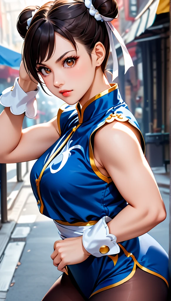 Fine black tights,score_9, score_8_up, score_7_up, BREAK, score_9, 1girl, chun-li,street fighter, black hair, brown eyes, eyelashes, short hair, breasts, looking at viewer, standing pose, lips, blue costume,Chun-Li costume, Blue costume with gold embroidery, blue vest, sleeveless, cowboy shot