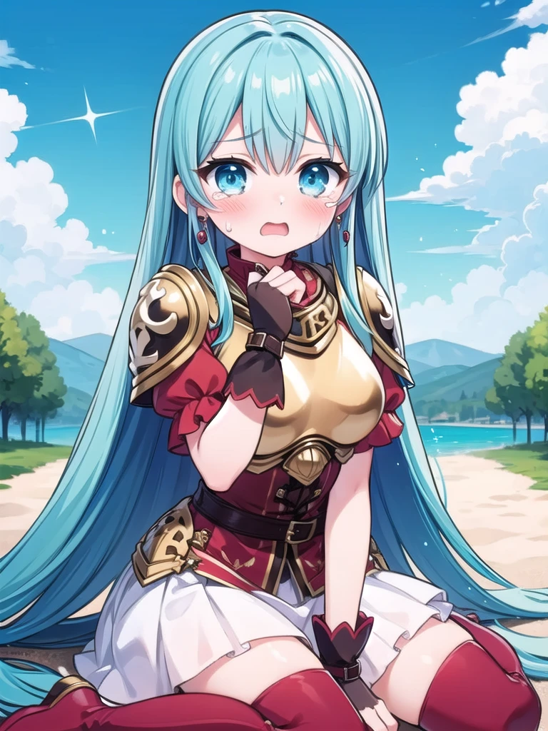 1girl, solo, masterpiece, best quality, perfect hands, full blush, full-face blush, cowboy shot, def_eirika, sky blue color, very long hair, long straight hair, red fingerless gloves, belt, armor, red thigh boots, shoulder armor, breastplate, yellow cape, zettai ryouiki, thighhighs, earrings, puffy short sleeves, red shirt, white skirt, miniskirt, blue eyes, wariza, w-sitting, w-legs, crying, tears, streaming tears, sobbing, crying with eyes open, tearing up, wipe tears with hands