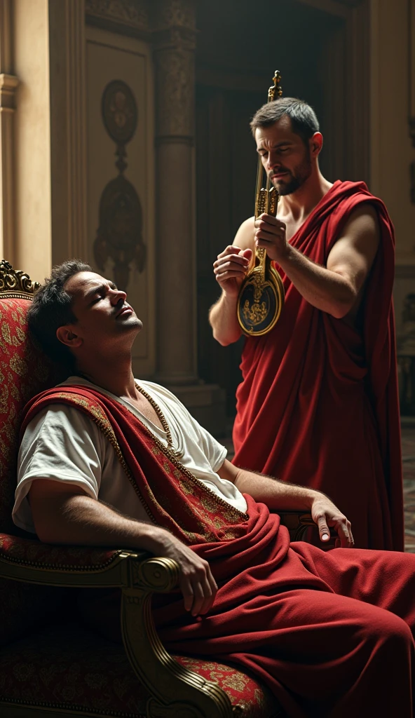 (masterpiece, 8K, UHD, photo-realistic:1.3), Alexander the Great, (drunken state:1.3), ancient Roman attire, turning violent, (terrifying expression:1.1), brandishing a sword, Cleitus the Black sleeping on the floor, bullying guests, opulent feast, wine spilling, food scattered, tense atmosphere, Greg Rutkowski style.