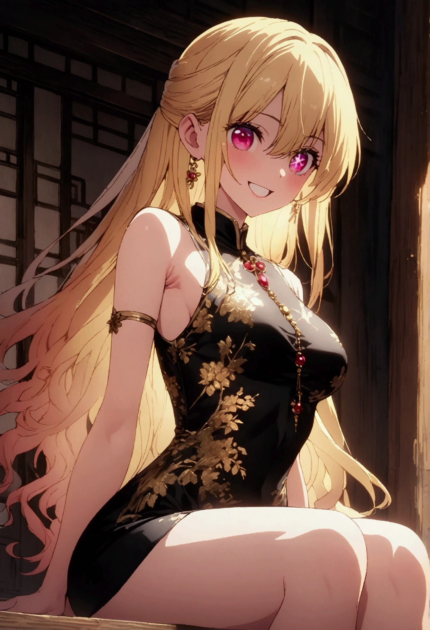 Chinese dress, gold decoration dress, hoshinoruby, star-shaped pupils, ruby_hoshino, blonde hair, bangs, 1girl, pink eyes, long hair, cowboy shot, masterpiece, extremely detailed CG, pussy, sitting with knees raised,perfect figure, playful, joyful, happy, big smile,daytime, sunlight, 1 girl, 8K resolution, see through, mini skirt, highest quality, High resolution, highly detailed face, perfect lighting, Very detailed CG, (perfect hands, perfect anatomy), perfect figure, armpit peek,