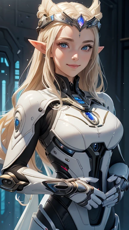 masterpiece, Best Quality, Highly detailed CG Unity 8k wallpaper,((whole body)), (Focus on the face), ((Spaceship interior hangar)), (Long pointy ears), Elegant long wavy platinum blonde hair, (so beautiful１８Year old girl), ((Average Chest Circumference, Self-illuminating skin)), ((Wearing a reinforced exoskeleton)), (Mechanical Circlet), (Wet white skin), (Equipment inspection), (Charming smile), cute, Detailed and beautiful eyes, Perfectly symmetrical face, fine grain, Key Art, Awards, Exquisitely detailed realism HDR, Photorealism, Hyperrealism, Ultra-realistic, Dramatic lighting, Amazing views, Detailed border