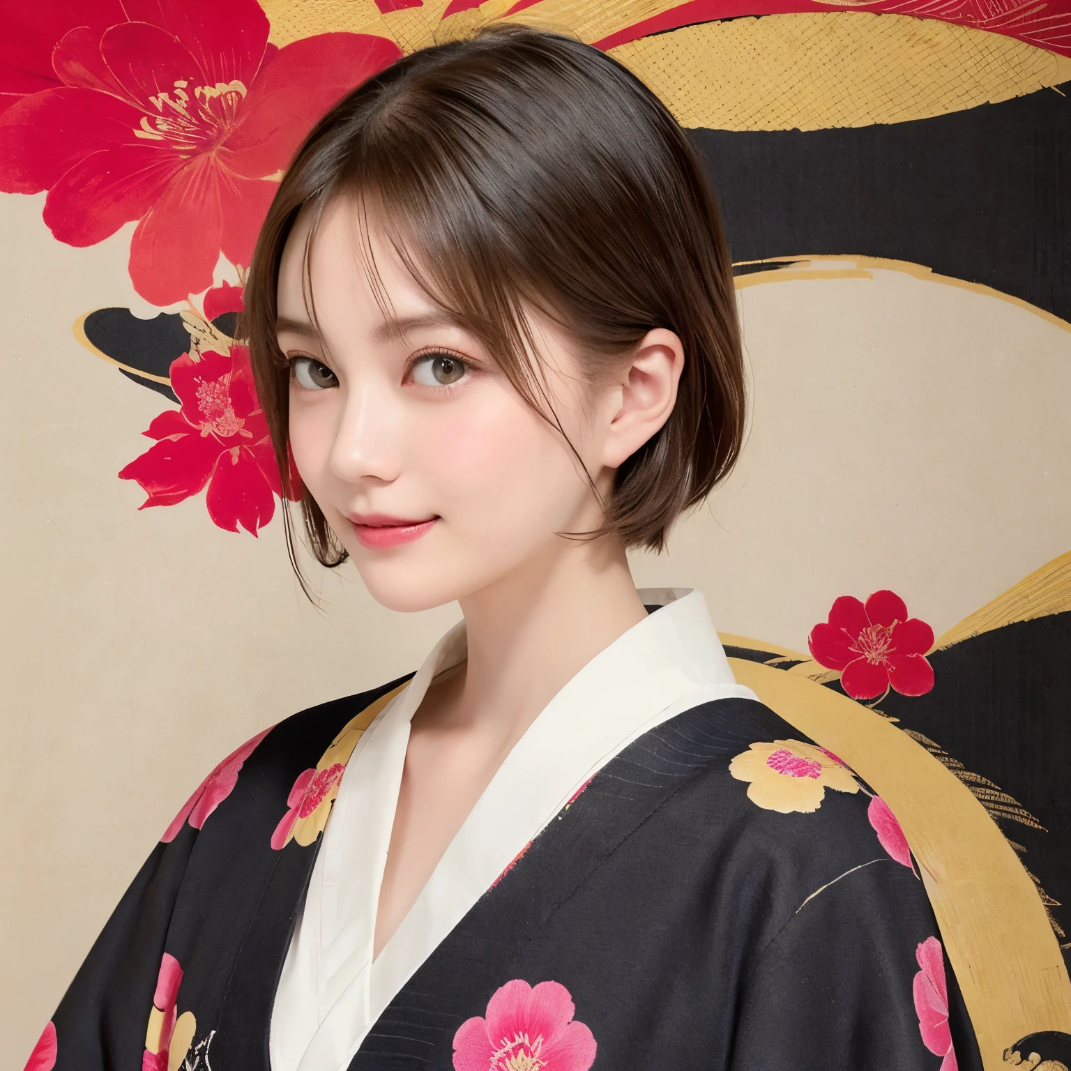 288 (20-year-old woman,Short Hair) , (A kind smile) , (kimono), (colorful), (Japanese painting by Uemura Shōen), flower