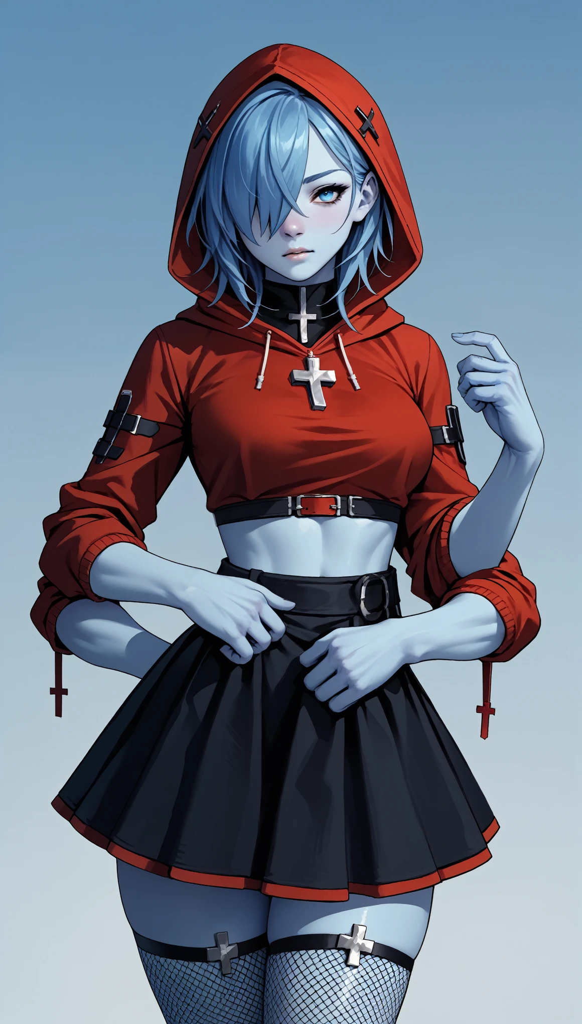 (zPDXL2), (PonyXLV6_Scores), source_anime, Expressiveh, solo, four-quarter portrait, rating_safe, BREAK

1girl, (four arms), short spiky hair, blue hair, hair covering one eye, blue eyes, (blue skin, blue hands, blue body), (wearing (red top with hood), red checkers skirt, fishnet stockings, silver cross jewelry, handwarmers), medium breasts, tiny waist, big ass, thick thighs, skinny, thigh gap, extra arms, ultra detailed, super quality, 4k