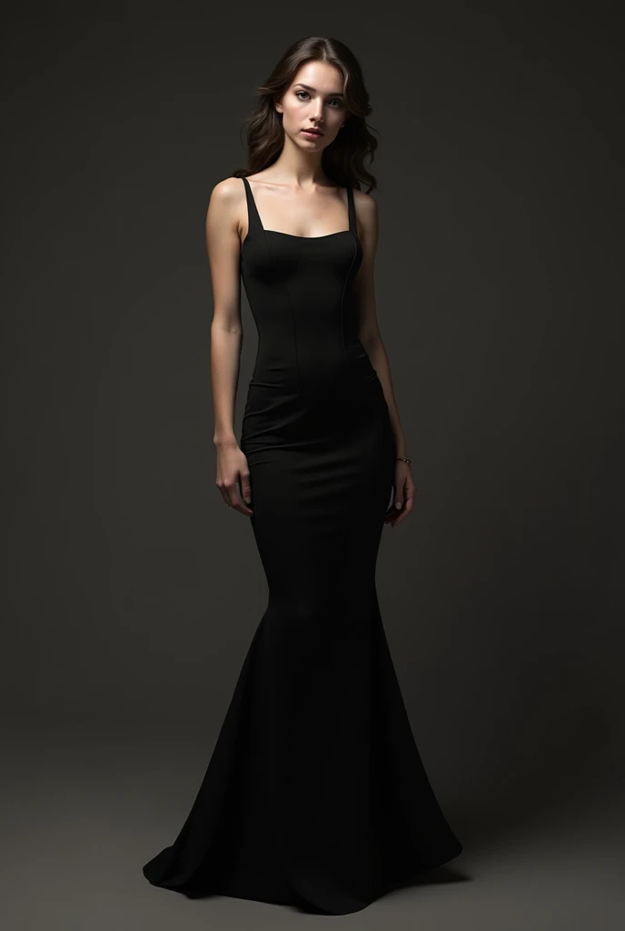 1920s femme fatale, elegantly dressed in a sleek black floor-length gown with a plunging neckline and intricate beading, short wavy bobbed hair with a finger wave, bold dark red lipstick, exuding danger and seduction, pinup, full body shot, standing