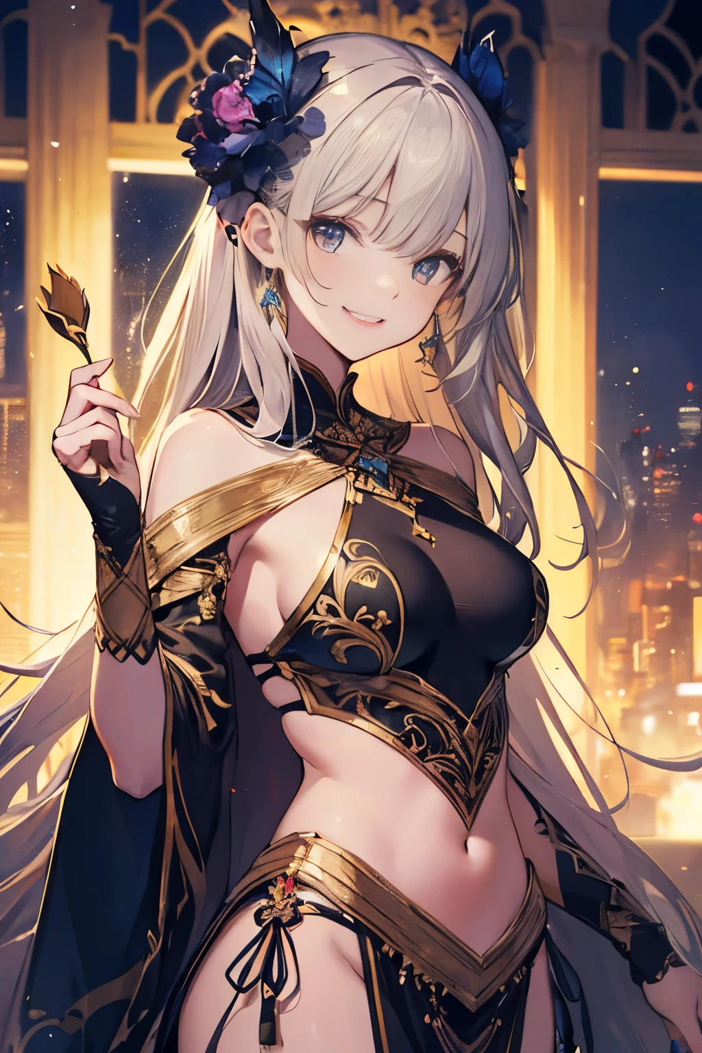 (((Masterpiece))), (((Highest quality))), ((Ultra-detailed)), ((Super fine illustration)), ((Ultra-fine painting)), (16K highest quality wallpaper:1.4), (Upper body:1.6), HDR, (Highly detailed and delicate illustration style:1.8), Detailed skin texture, Detailed cloth texture, Extreme detailed description, (T-masterpiece), (Highly detailed face:1.4), (Highly detailed fox ears:1.2), (Highly detailed (golden-brown:1.4) long-hair:1.2), (Highly detailed blue eyes:1.2), Original, RAW photo, Professional, Intricate details, Super details, (Perfect anatomy:1.4), (Highly detailed hands:1.2), (Highly detailed fingers:1.2), (Highly detailed fingertips:1.2), (Sexy), (Sexy), (27-years-old), (Solo:1.6), ((A beautiful and attractive (fox) female model:1.4)) BRAKE (Beautiful and adorable fox ears:1.6), (Highly detailed and delicate fox ears:1.2), (Beautiful and well-shaped big breasts:1.2), (Beautiful and well-shaped buttocks), (Beautiful and shiny (golden-brown:1.4) long-hair:1.6), (Highly detailed and delicate (golden-brown:1.4) long-hair:1.2), (Beautiful and clear blue eyes:1.6), (Highly detailed and delicate blue eyes:1.2), (Highly detailed face:1.4), (Smile:1.4), (Blush:1.3), (Looking at viewer:1.4) BRAKE (A (vibrant silver and blue:1.1) Short sleeve and cleavage gothic-lolita dress:1.4) BRAKE (((Very beautiful and exquisite skyscraper night view background in summer:1.4)), ((Very beautiful and detailed Milky Way background in summer night sky:1.4))) BRAKE (NSFW) BRAKE