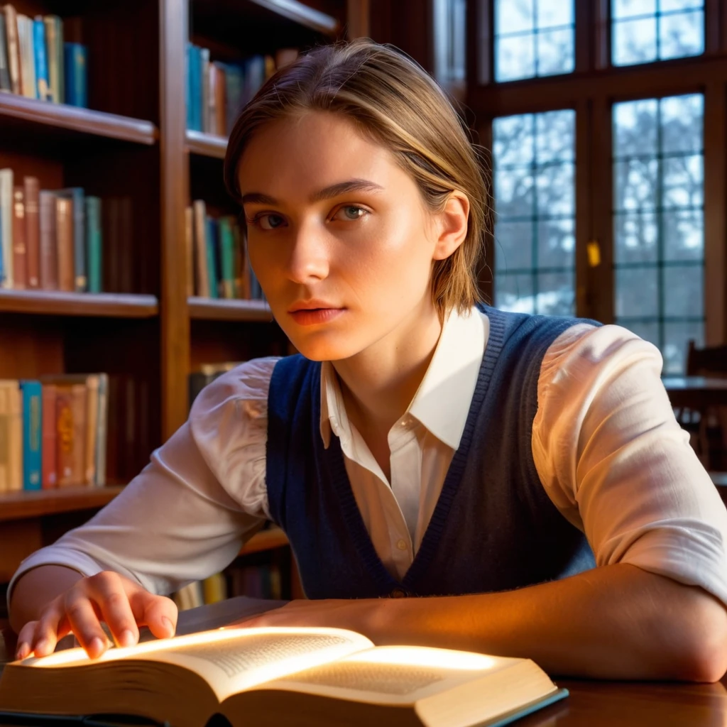 1 person in a library, studying, realistic, detailed facial features, intense concentration, mesmerized by book, warm lighting, cozy atmosphere, elegant bookshelves, sunlight streaming through windows, highly detailed, photorealistic, 8k, sharp focus, vivid colors, studio lighting, cinematic framing