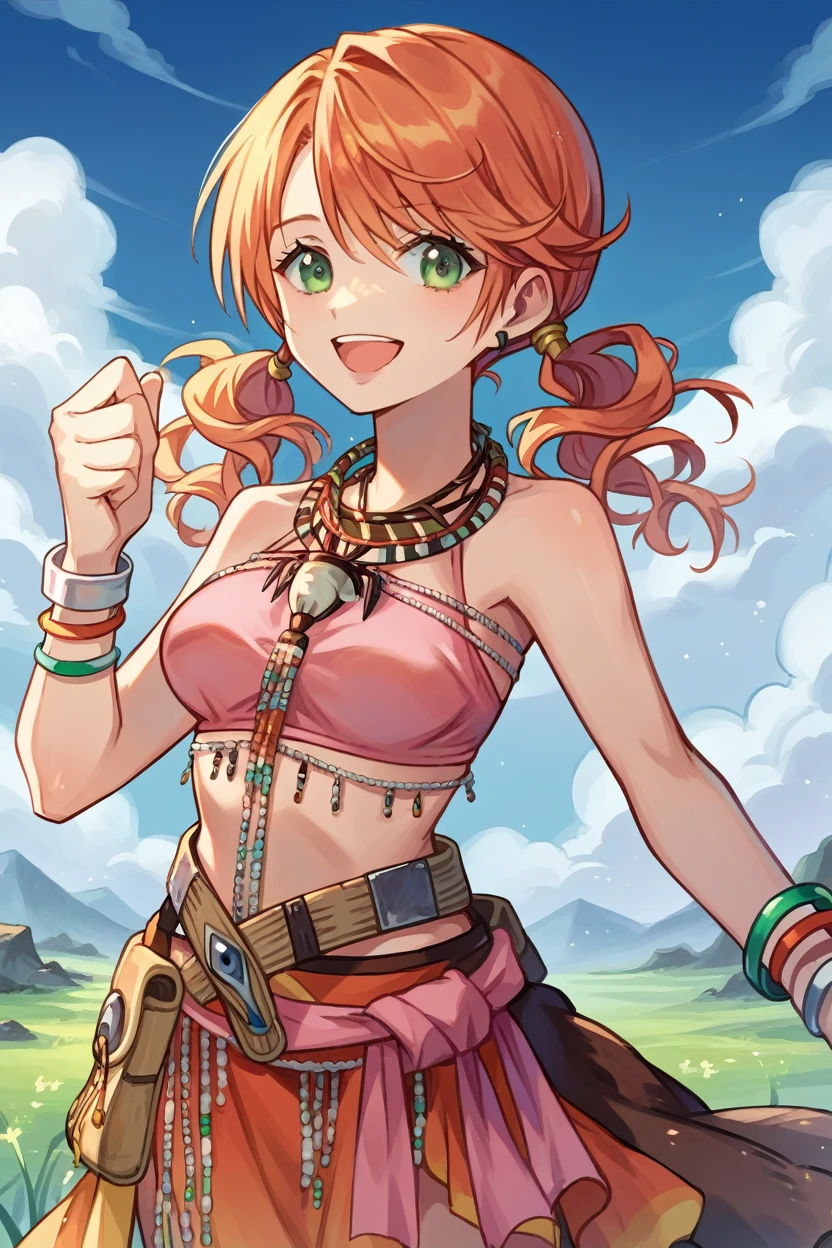 score_9, score_8_up, score_7_up, source_anime BREAK 1girl, solo,  vanille, twintails, green eyes, tribal jewelry, necklace, bracelet, beads, pink crop top, belt, sarong, clothes around waist, waist up, rock formations, blue sky, field, landscape, cloud trails, looking at you, happy, open mouth, medium breasts